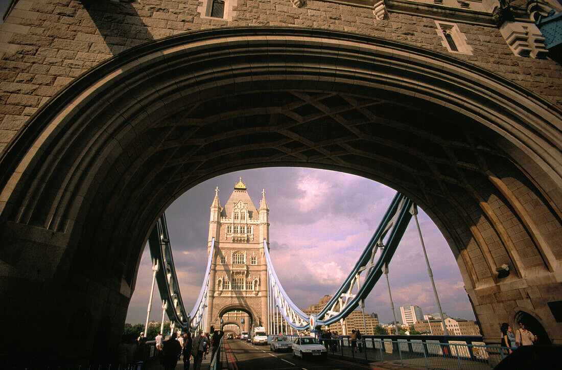 Tower Bridge north tower viewd from sidewalk. London. England
