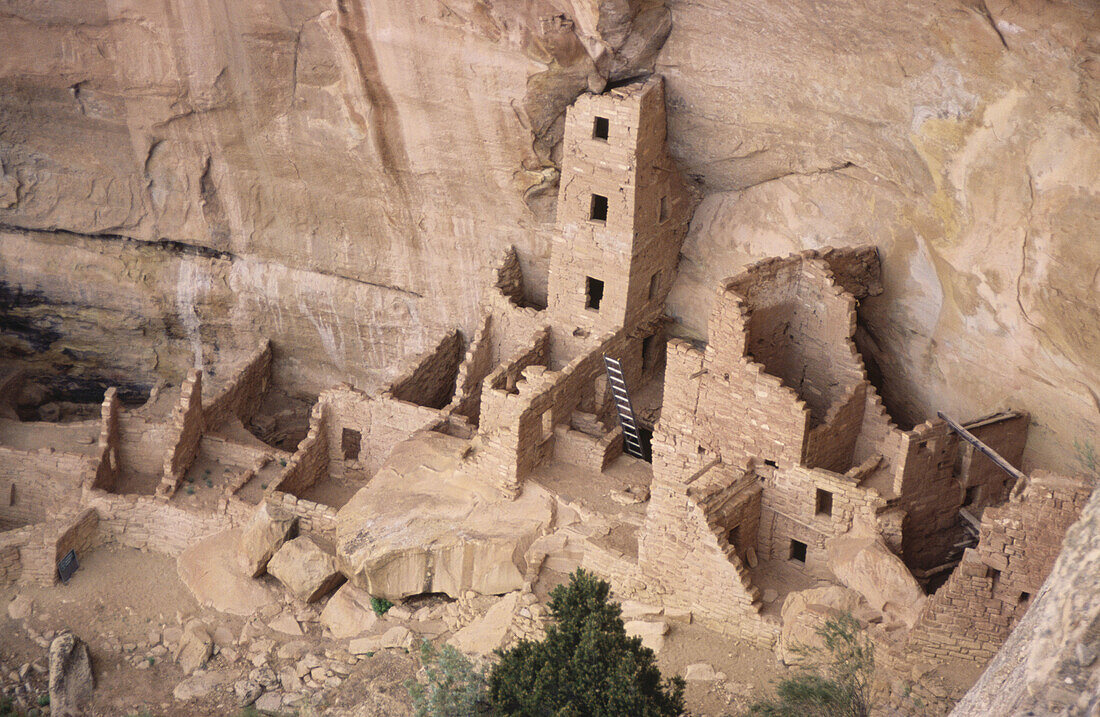 USA, Colorado, Mesa Verde. Overhead view of square tower house cliff dwelling, from only public viewpoint.
