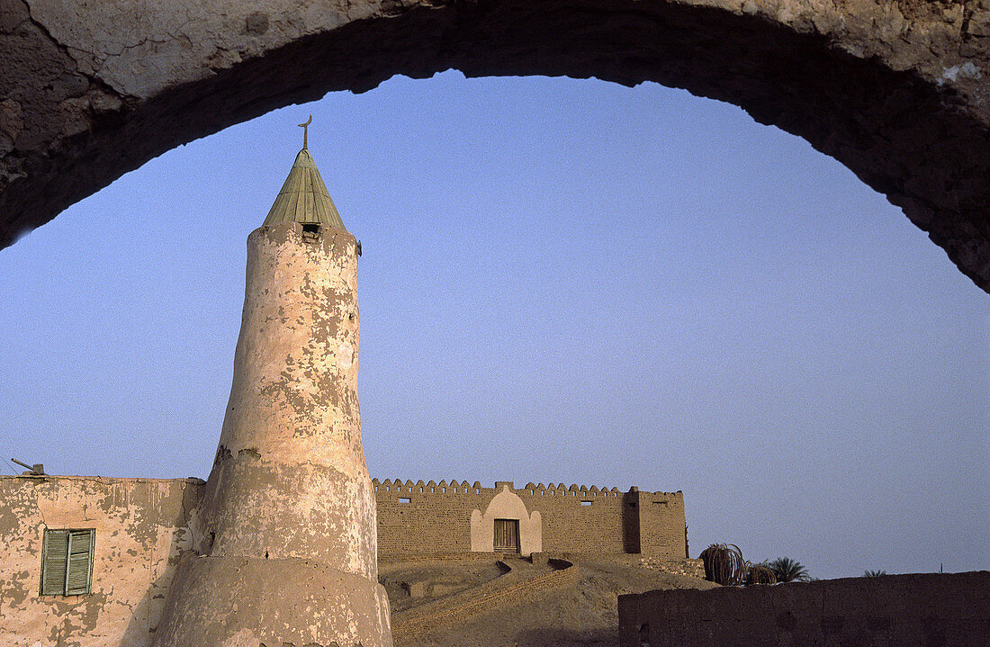Libya: city of Murzuk, the old mosque, minaret, loam construction, historical building