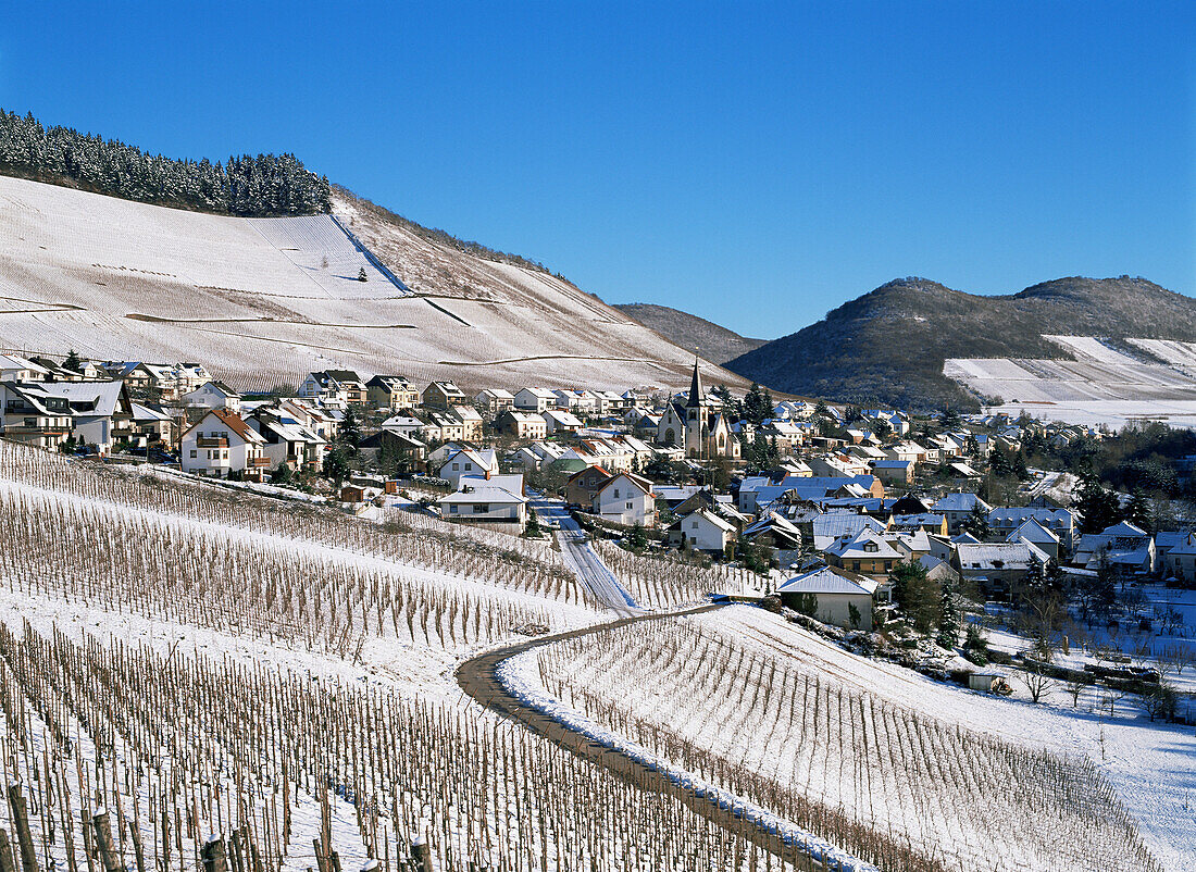 Blick von den Weinbergen auf das winterliche Dorf Ockfen, nordöstlich von Saarburg, Saarland, Deutschland