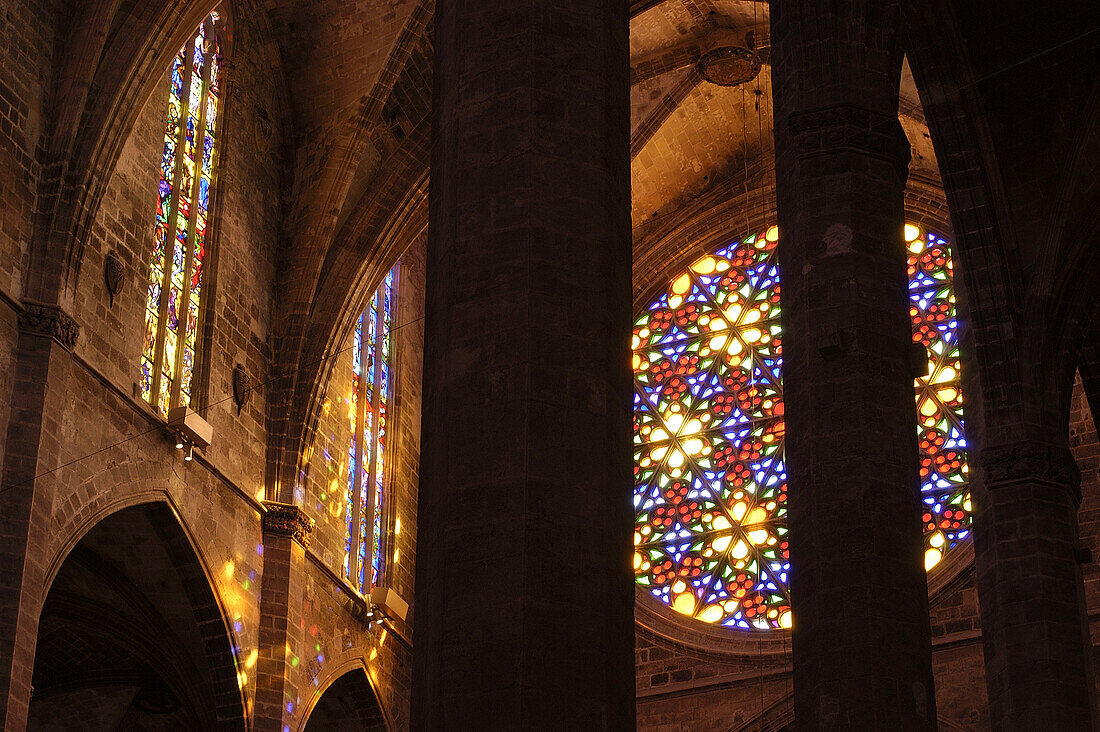 Rose window at Gothic cathedral. Palma de Mallorca. Majorca, Balearic Islands. Spain