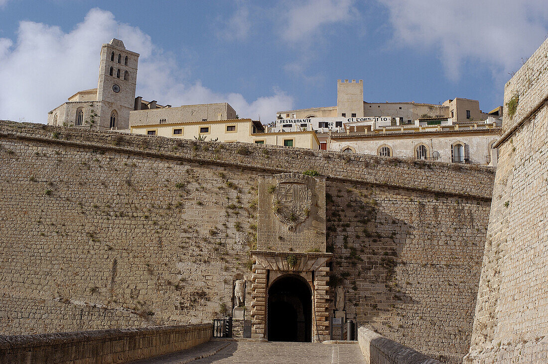 Portal de ses Taules, Renaissance walls town gate with cathedral in background. Ibiza, Balearic Islands. Spain