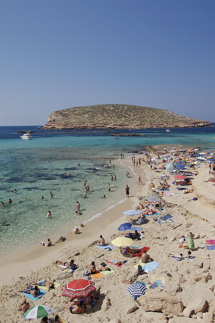 Platges de Comte and Illa des Bosc in background. Ibiza, Balearic Islands. Spain