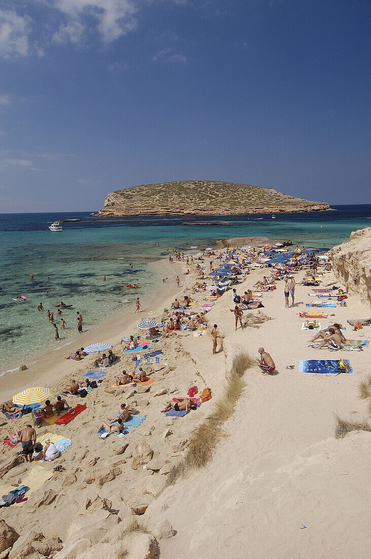 Platges de Comte and Illa des Bosc in background. Ibiza, Balearic Islands. Spain