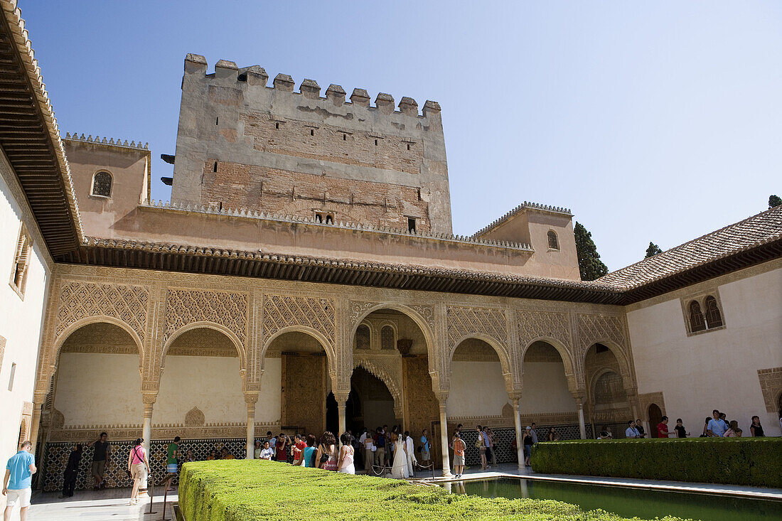 Patio de los Arrayanes (Court of the Myrtles) and Torre de Comares, Alhambra. Granada. Andalusia, Spain
