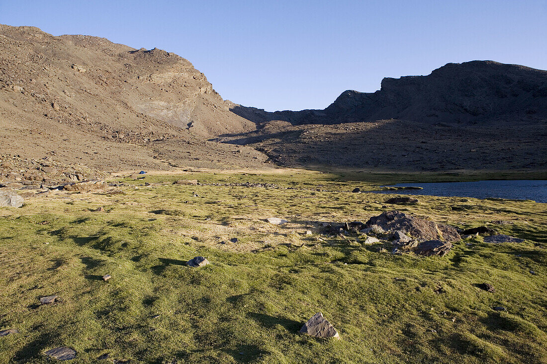 Cañada de Siete Lagunas and Mulhacén peak (3479 m) in background, Sierra Nevada National Park. Andalusia, Spain