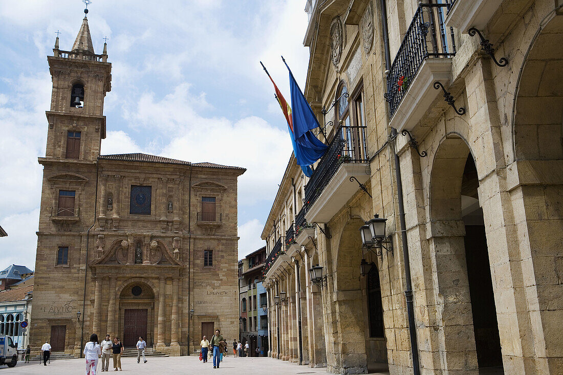 San Isidoro church and Town Hall at Constitución square. Oviedo. Spain