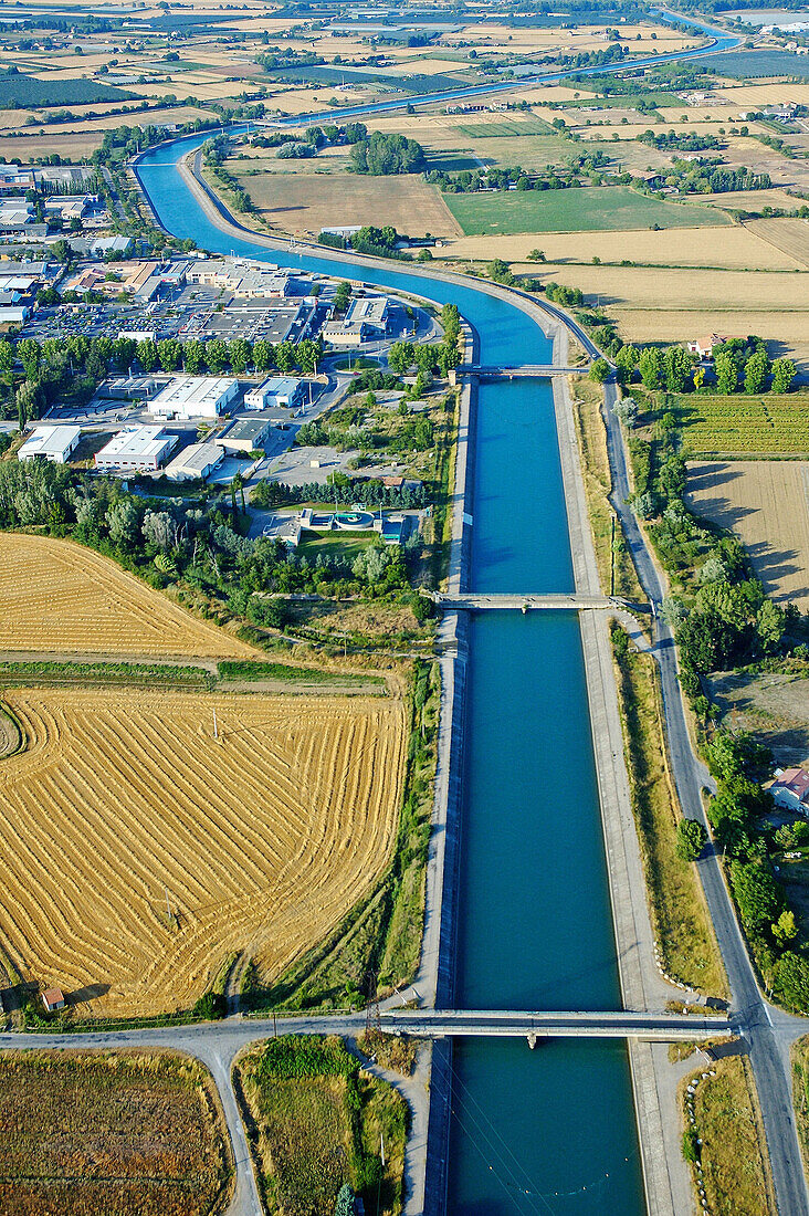 Aerial of Provence canal from river Durance near Manosque. Alpes de Haute-Provence, Provence, France