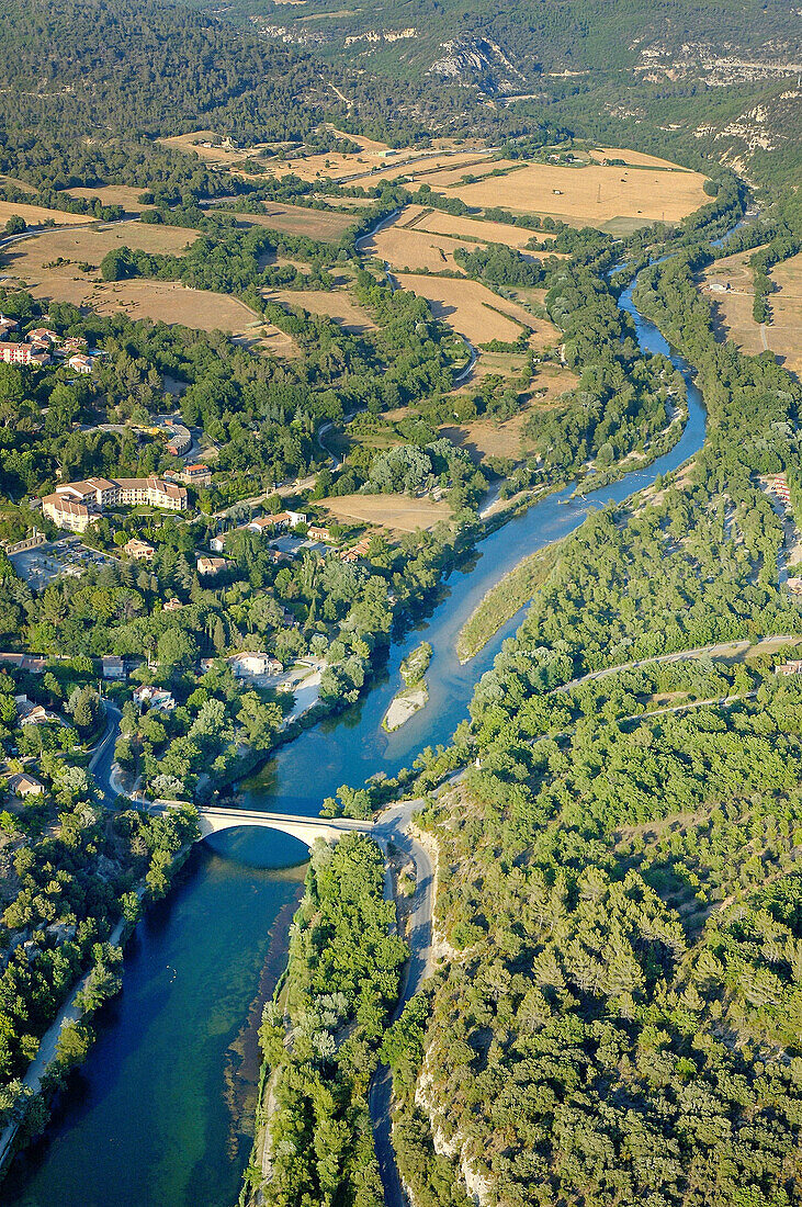 Aerial of Provence canal from river Durance near Manosque. Alpes de Haute-Provence, Provence, France