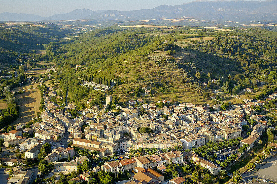 Aerial of the Riez town, Valensole plateau. Alpes de Haute-Provence, Provence, France