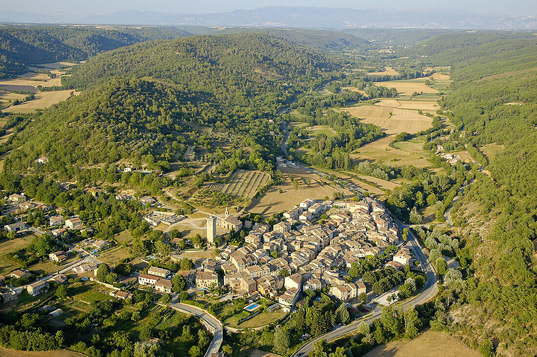 Aerial of Saint-Martin-de-Brômes village, Valensole plateau. Alpes de Haute-Provence, Provence, France