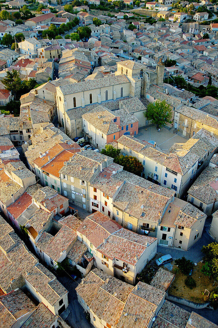 Aerial of the village of Valensole in summer. Alpes de Haute-Provence, Provence, France