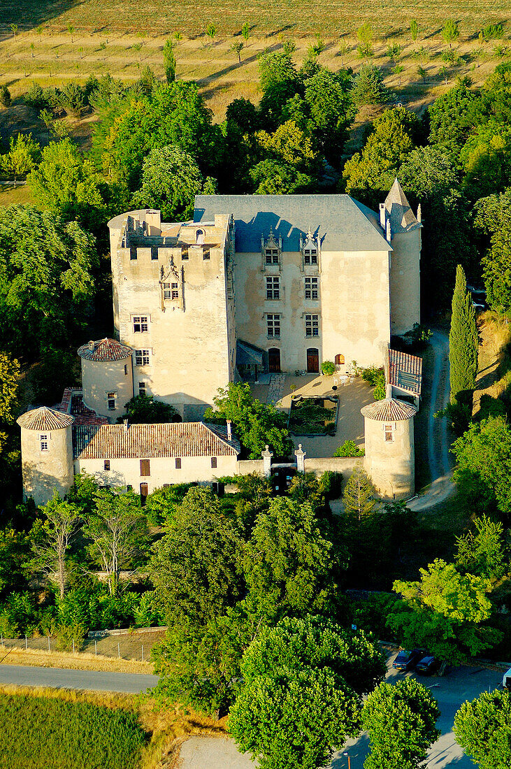 Aerial of Allemagne-en-Provence castle. Alpes de Haute-Provence, Provence, France