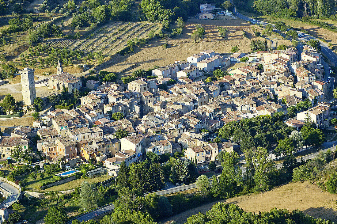 Aerial of Saint-Martin-de-Brômes village, Valensole plateau. Alpes de Haute-Provence, Provence, France