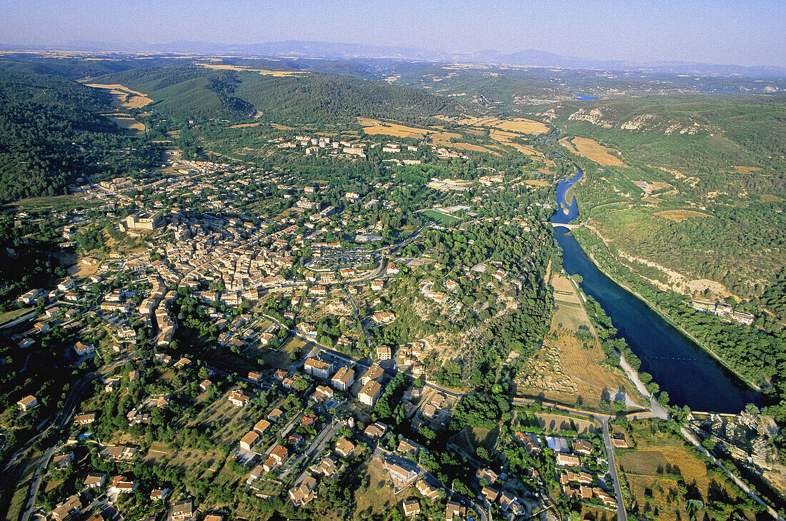 Aerial of Gréoux les Bains. Alpes de Haute-Provence, Provence, France