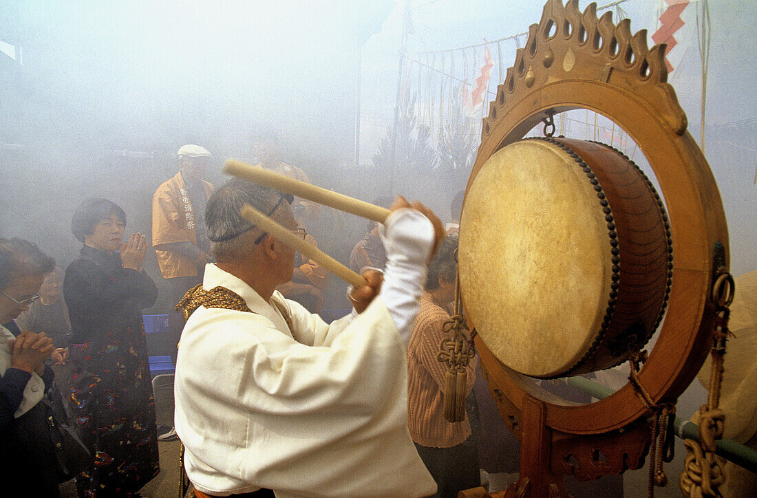 Yamabushi monks yearly ceremony of fire purification at the Tofuku-Ji temple. Kyoto, Japan