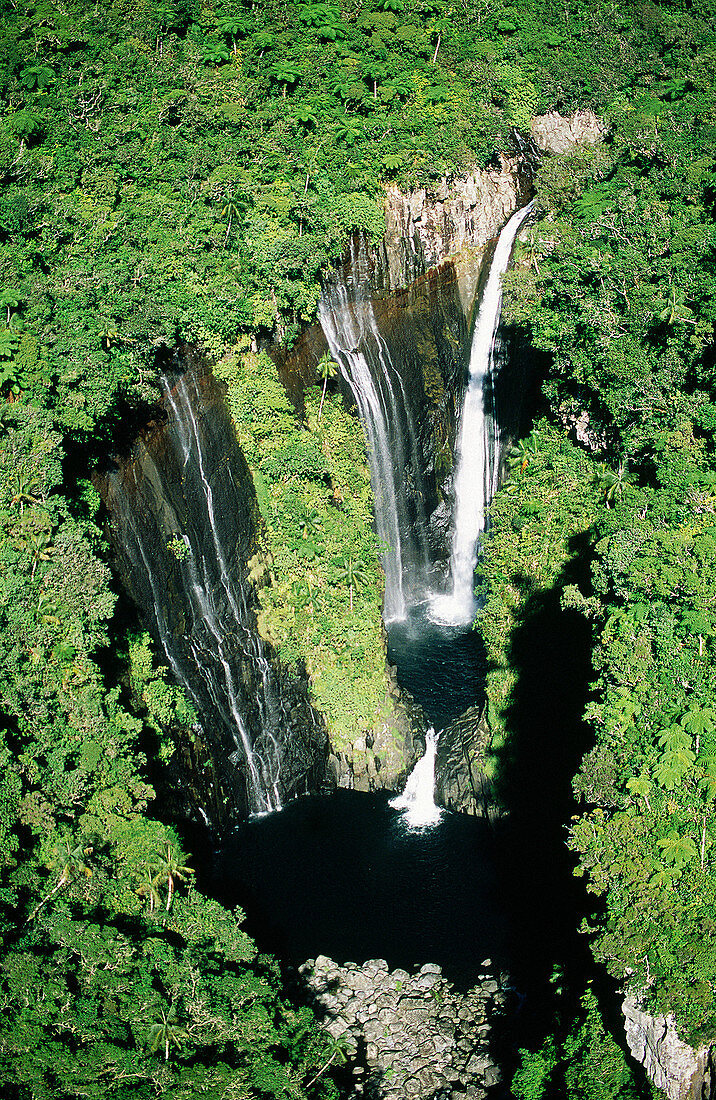Aerial view of Trou de Fer cascading waterfalls. Réunion island (France)