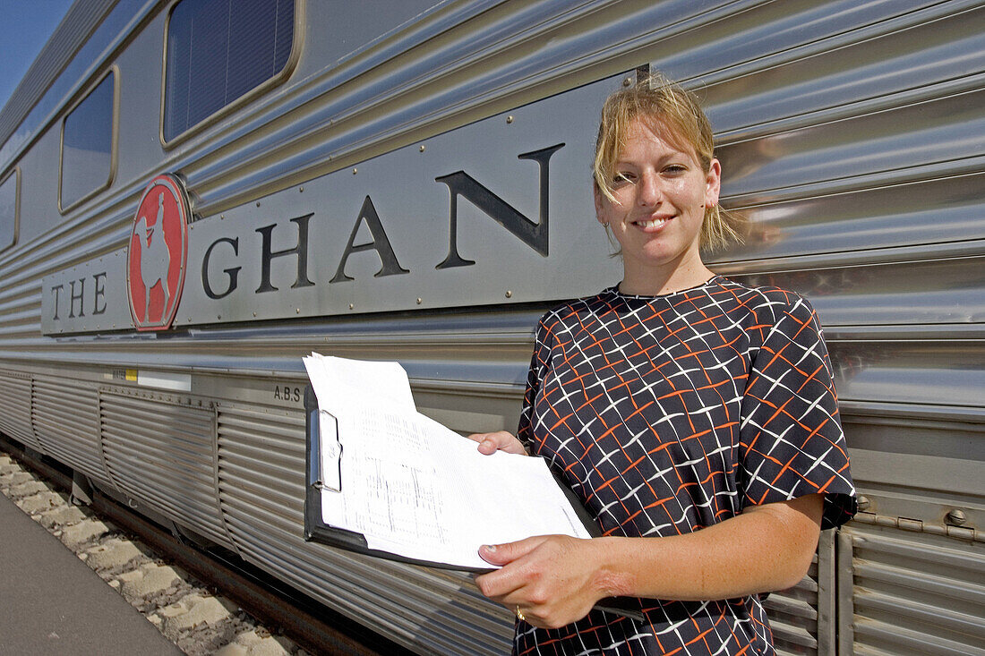 The sleepers stewardess. The Ghan (train going from Darwin to Adelaide through Australia along a 3000 km railroad). Departure station. Darwin. Northern Territory. Australia