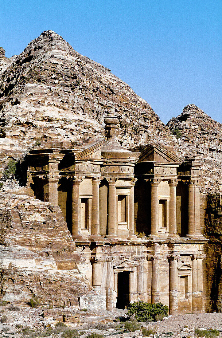 The Deir (also called the monastery ) is carved in the rock by a remote place on the mountain at II th century BC by the Nabatean people was a place of worship, later on used as a primitive church. Archeological site of Petra. Jordan