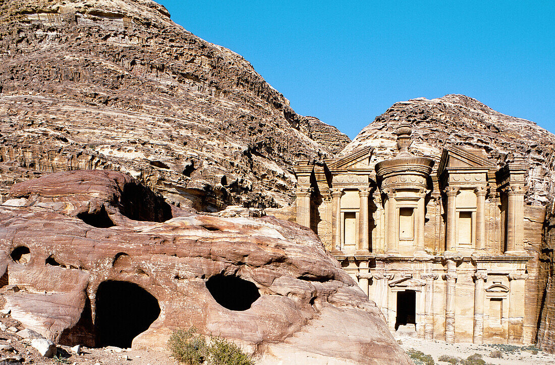 The Deir (also called the monastery ) is carved in the rock by a remote place on the mountain at II th century BC by the Nabatean people was a place of worship, later on used as a primitive church. Archeological site of Petra. Jordan