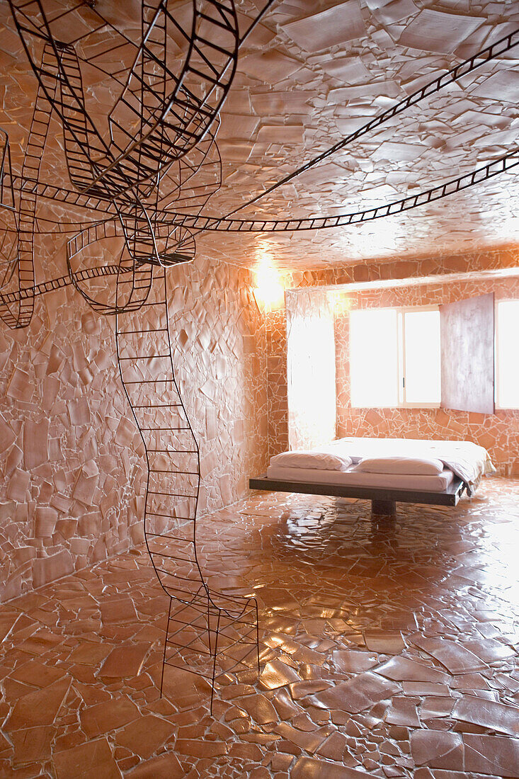 Atelier Sul Mare hotel-museum of contemporary art founded by Antonio Presti: the rooms have been decorated by 15 different renowned artists. Castel di Tusa. Sicily, Italy