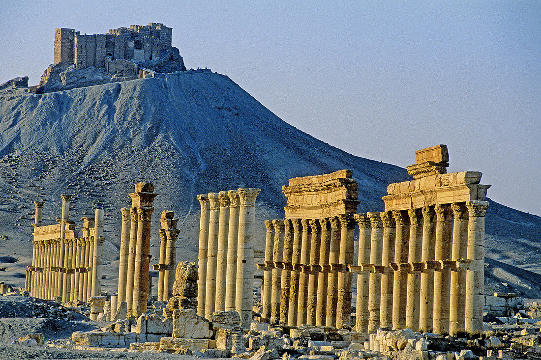 The Great columnade and the arabic castle at back. Ruins of the ancient roman city in the Palmyra oasis. Syria