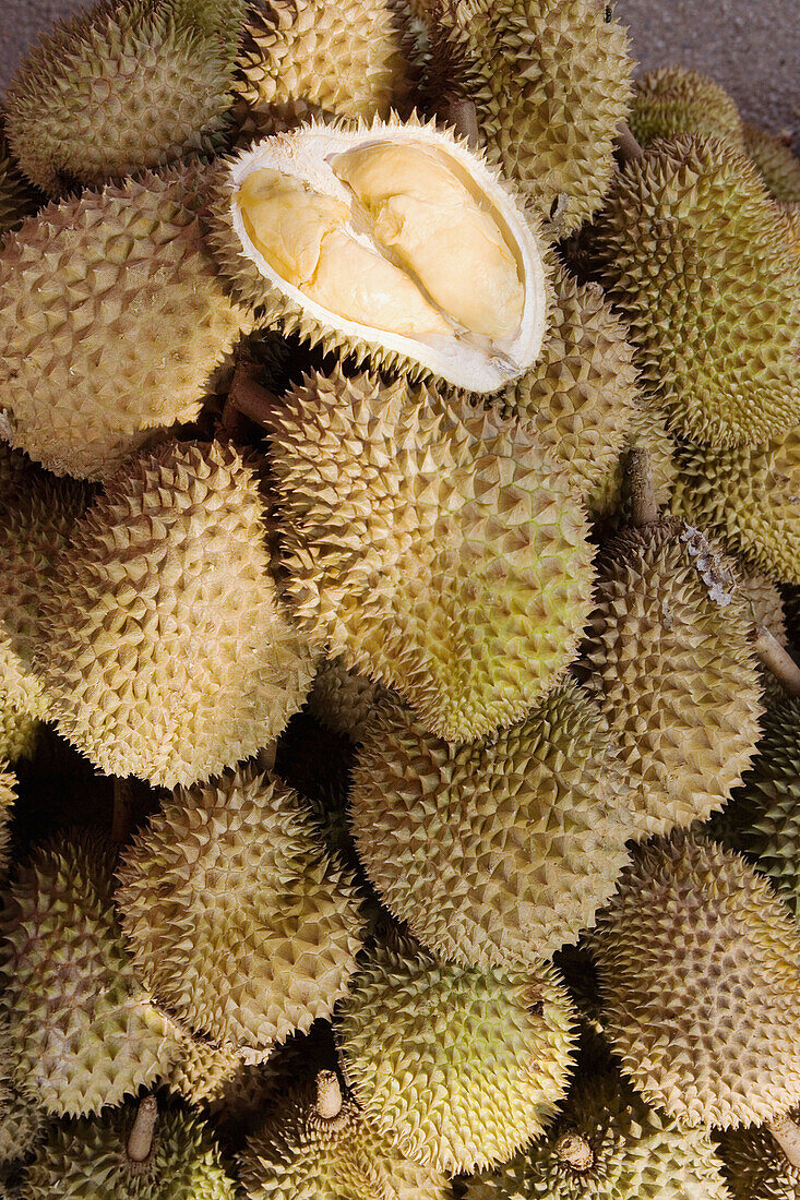 Durian fruits in the Pasar Payang (Central Market), Kuala Terengganu. Malaysia