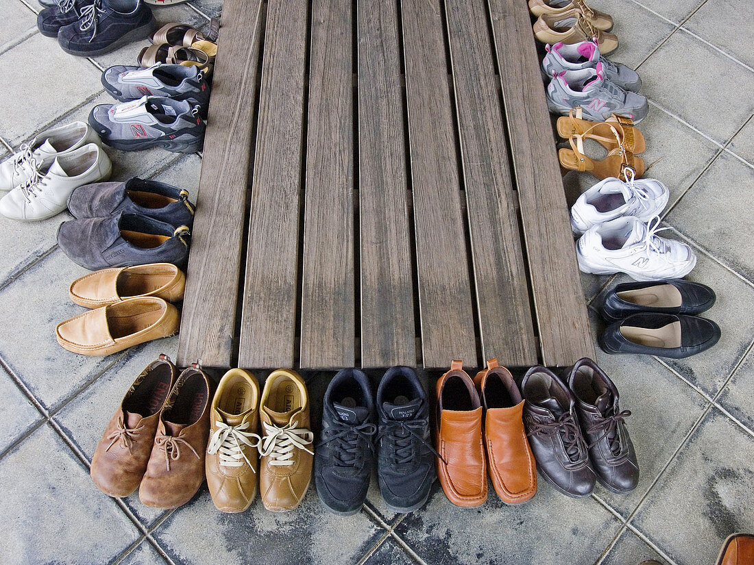 Shoes at Saiho-ji (aka Kokedera, Moss Temple ) buddhist temple, Kyoto. Kansai, Japan