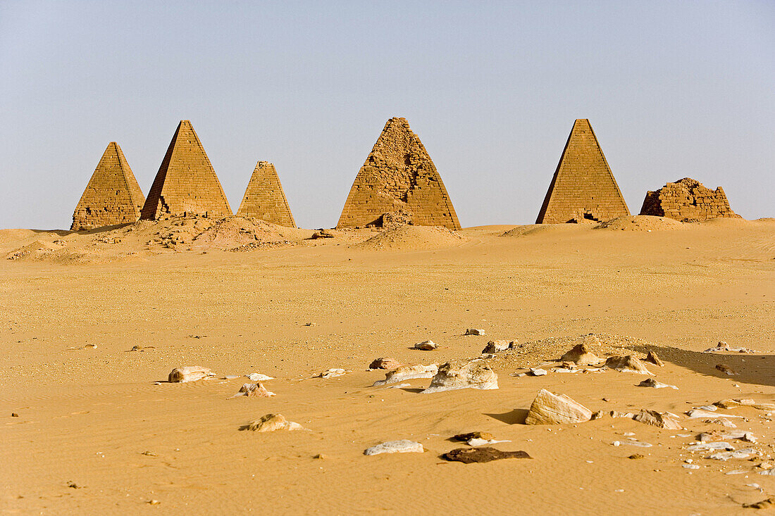 Archaeological site of Jebel Barkal ( pure mountain ) comprises 13 temples, 3 palaces and several pyramids at foot of a sacred 91m high rock, parts of the ancient powerful city of Napata, Bayyudah Desert. Upper Nubia, ash-Shamaliyah state, Sudan