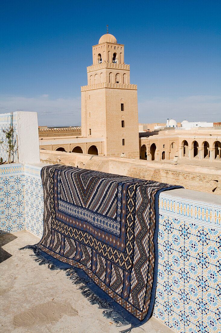 Overview from top of a neighbouring house. The Great Mosque founded by Sidi Uqba in the 6th century is the most ancient place of prayer in North Africa. Kairouan. Tunisia