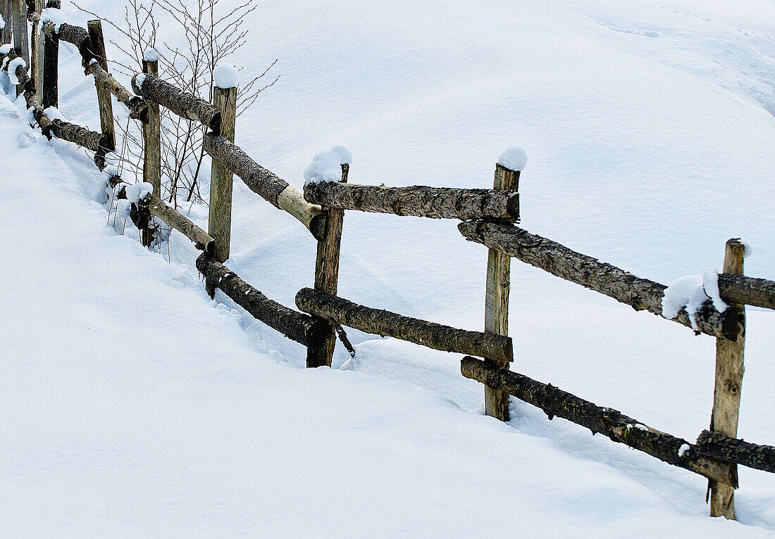 Snow and fence. Aizpea, Zerain. Guipúzcoa, Spain