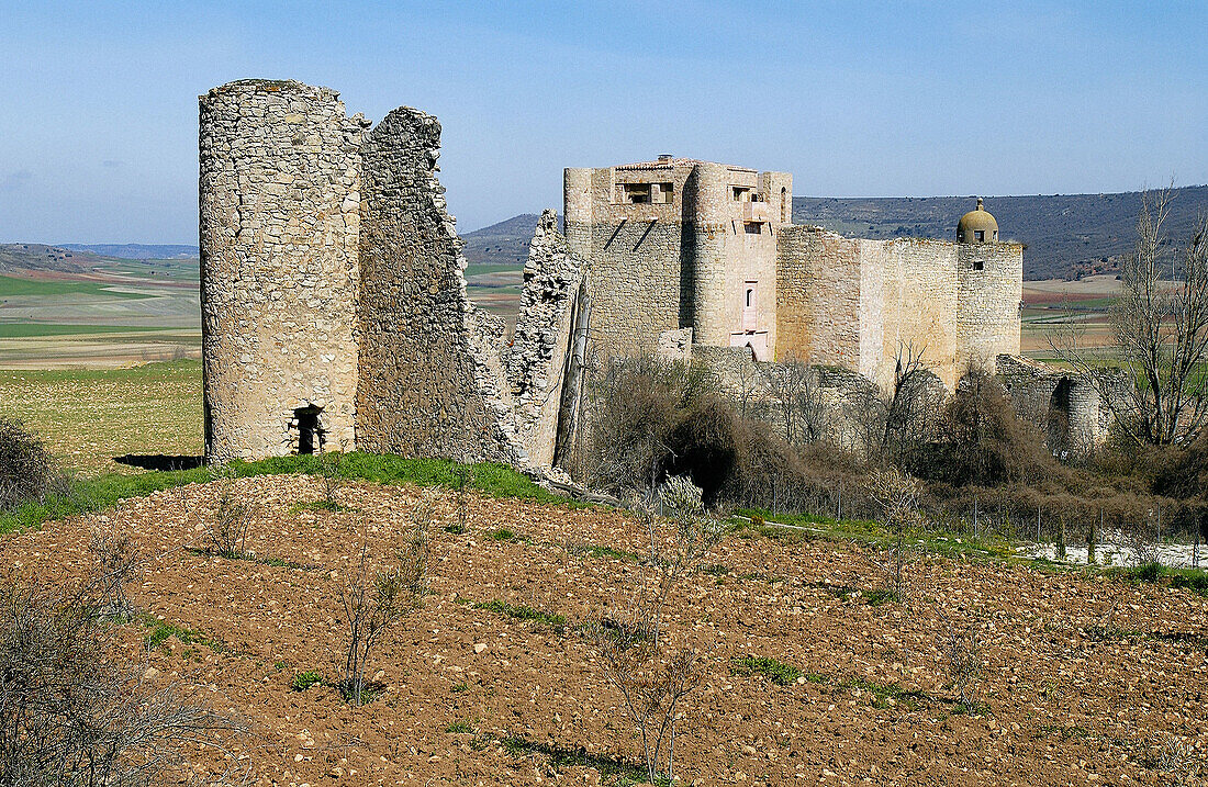 Palazuelos, altes ummauertes Dorf, in der Nähe von Sigüenza. Provinz Guadalajara, Spanien