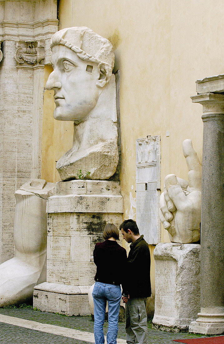 Head and hand of statue of Emperor Constantine II at courtyard of Palazzo dei Conservatori, Capitoline Museum. Rome. Italy