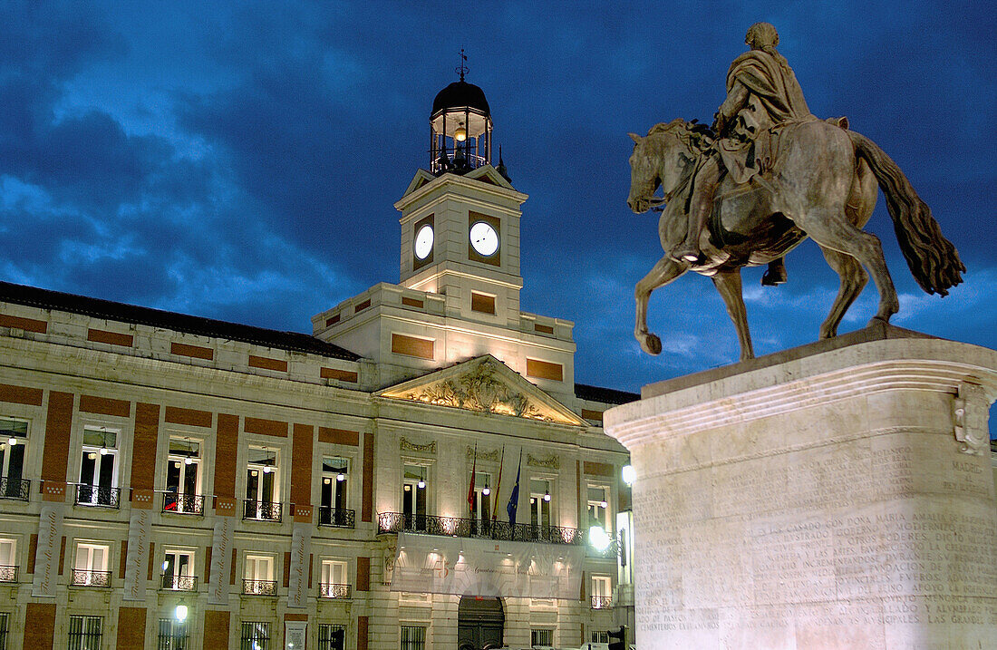 Puerta del Sol and Carlos III statue. Comunidad de Madrid s building. Madrid. Spain