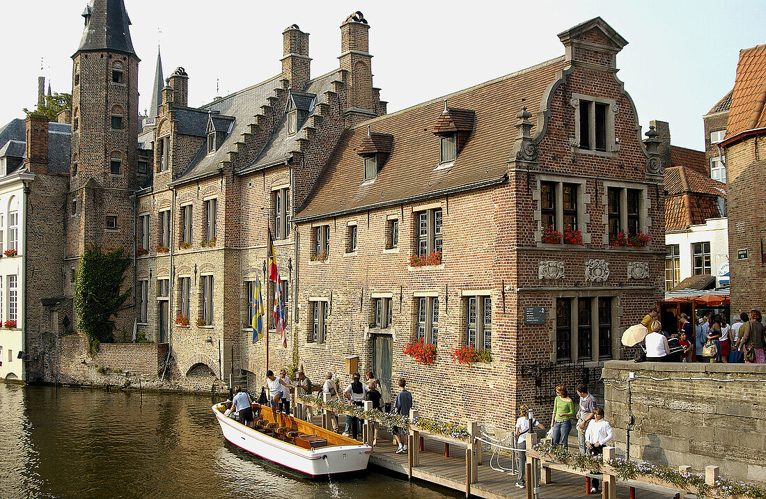 Tourist boat by Rozenhoedkaai. Brugge. Flanders, Belgium