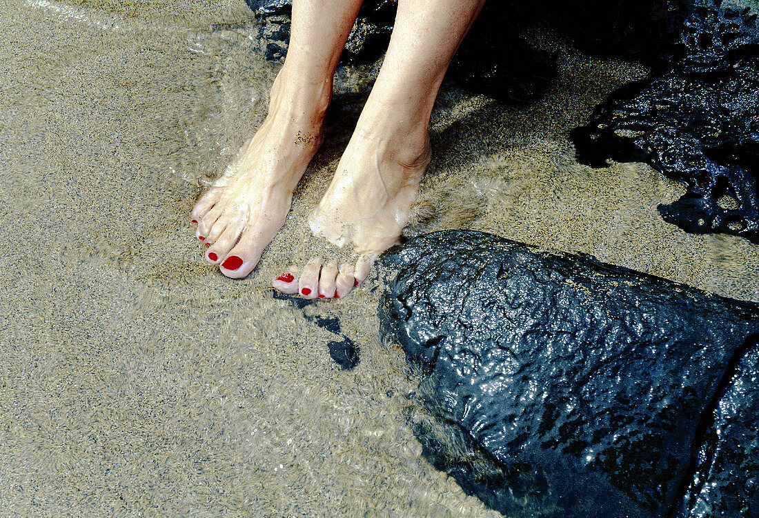  Adult, Adults, Barefeet, Barefoot, Beach, Beaches, Catastrophe, Catastrophes, Chapapote, Close up, Close-up, Closeup, Coast, Coastal, Color, Colour, Contemporary, Daytime, Detail, Details, Dirty, Disaster, Disasters, Ecological disaster, Ecological disas