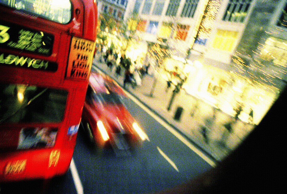  Activity, Blurred, Bus, Buses, Busses, Cities, City, Coach, Coaches, Color, Colour, Daytime, Double-decker bus, England, Europe, Exterior, Great Britain, Horizontal, London, Motion, Movement, Moving, Outdoor, Outdoors, Outside, Oxford Street, Public tran
