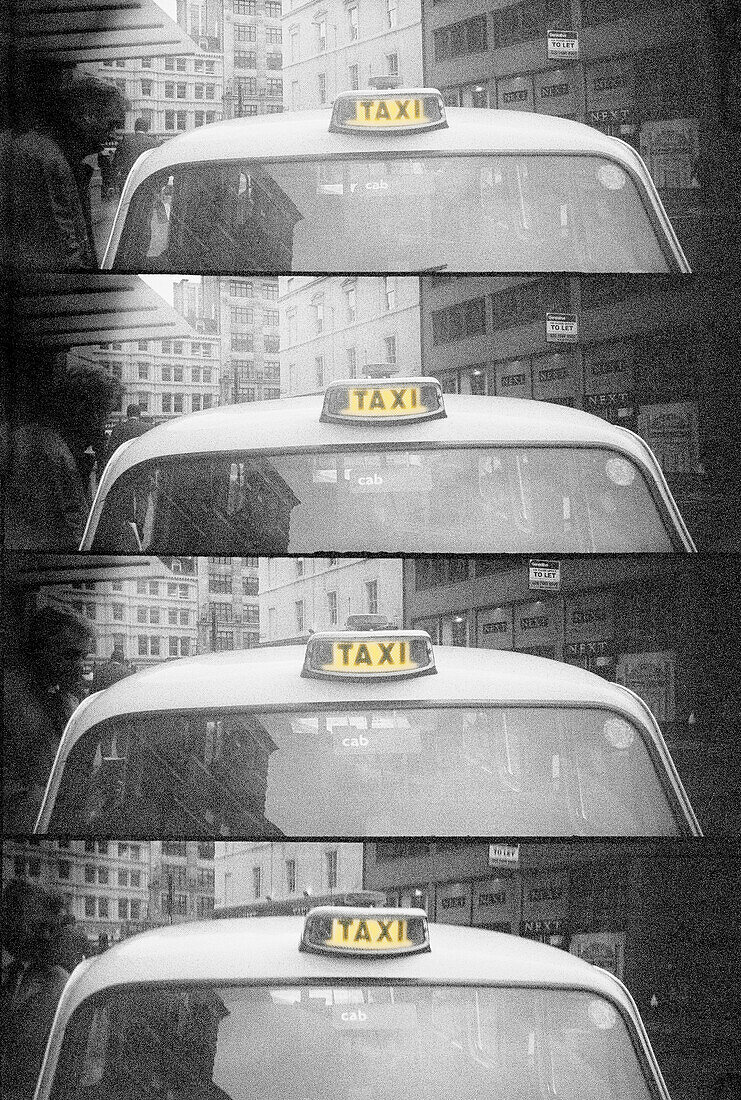  Cab, Cabs, Cities, City, Color, Colour, Daytime, Detail, Details, Divided, Exterior, Four, Monochromatic, Monochrome, Multiple, Outdoor, Outdoors, Outside, Repetition, Service, Sign, Signs, Special effects, Split, Street, Streets, Taxi, Taxicab, Taxicabs