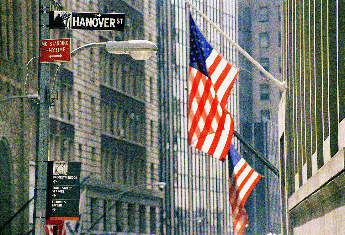 Hanover Street and US flags. New York City, USA