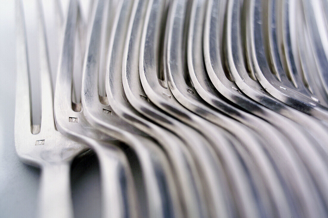  Close up, Close-up, Closeup, Color, Colour, Concept, Concepts, Cutlery, Detail, Details, Fork, Forks, Indoor, Indoors, Inside, Interior, Line, Lines, Many, Metal, Object, Objects, Row, Rows, Still life, Thing, Things, B75-414907, agefotostock 