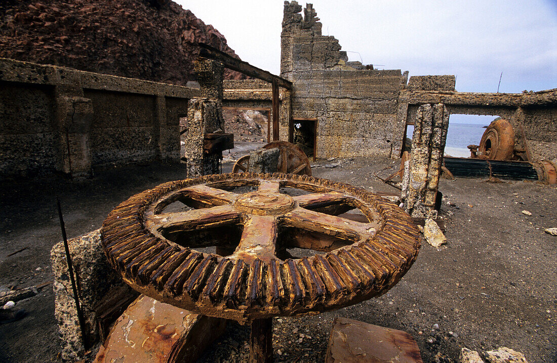 Decayed ruins of a sulphur mine on White Island, North Island, New Zealand