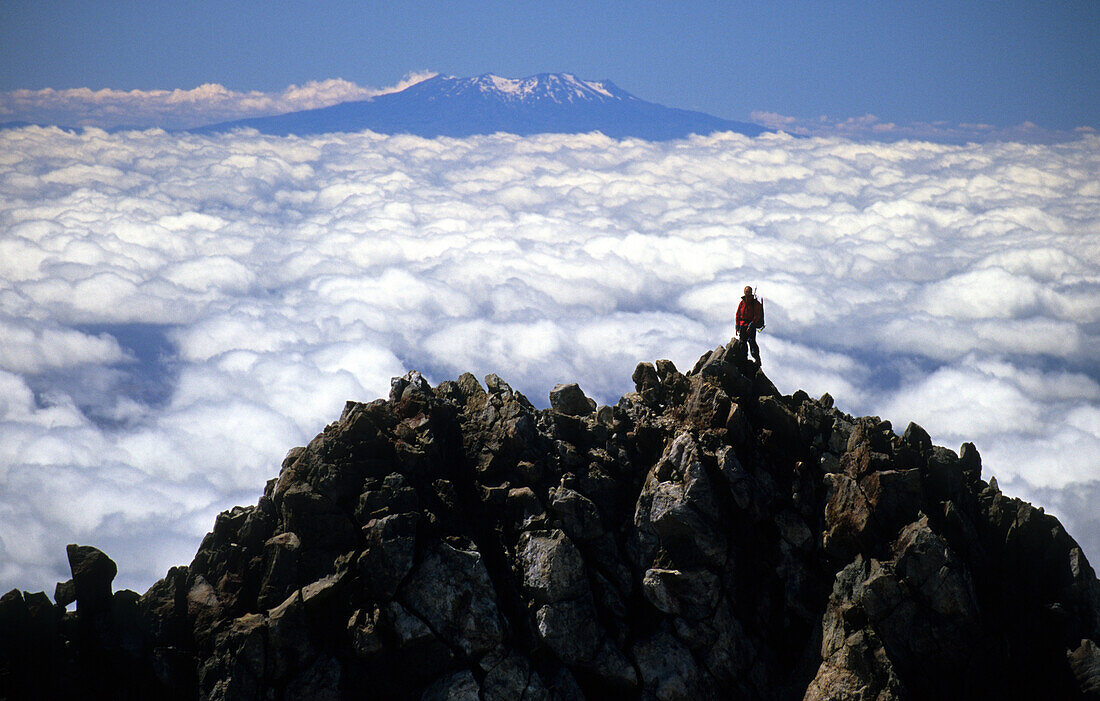 View over cloud cover to Mt.Ngauruhoe, Tongariro Crossing, Tongariro National Park, North Island, New Zealand