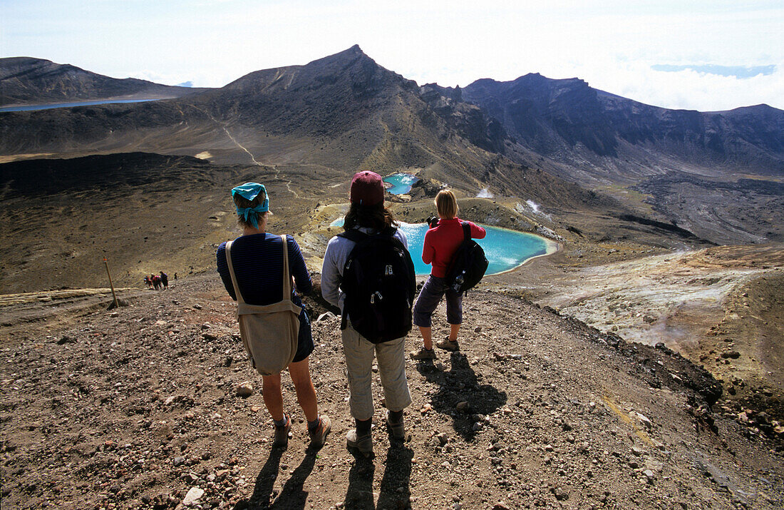 Menschen stehen auf dem Gipfel des Mt.Taranaki Mt.Egmont, Blick zum Mt. Ruapehu, Nordinsel, Neuseeland