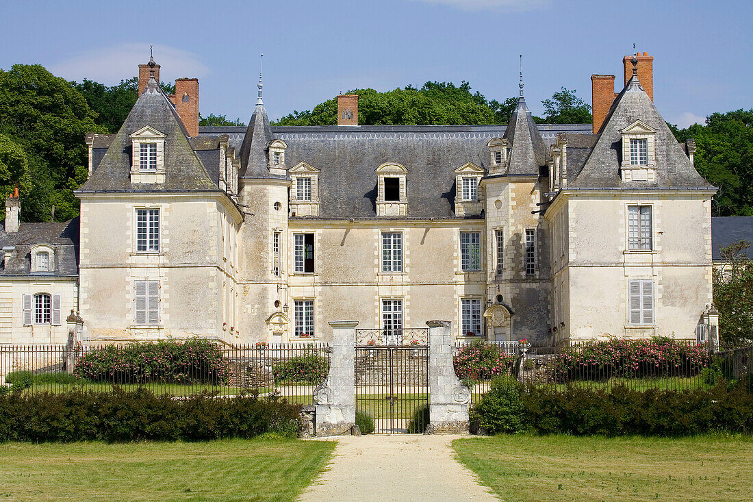Castle, historic property of Laffon family which shelters a theatre company, an equestrian club and a B&B, Gizeux. Indre-et-Loire, France