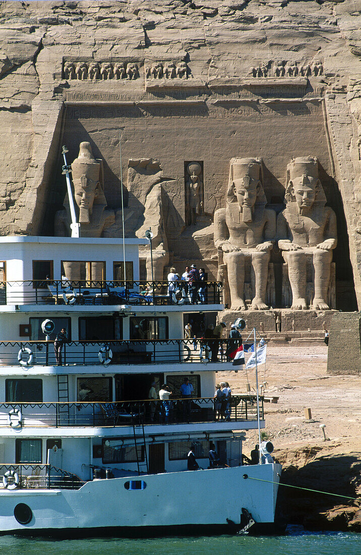 Cruise ship in front of Ramses II temple, Abu Simbel. Egypt