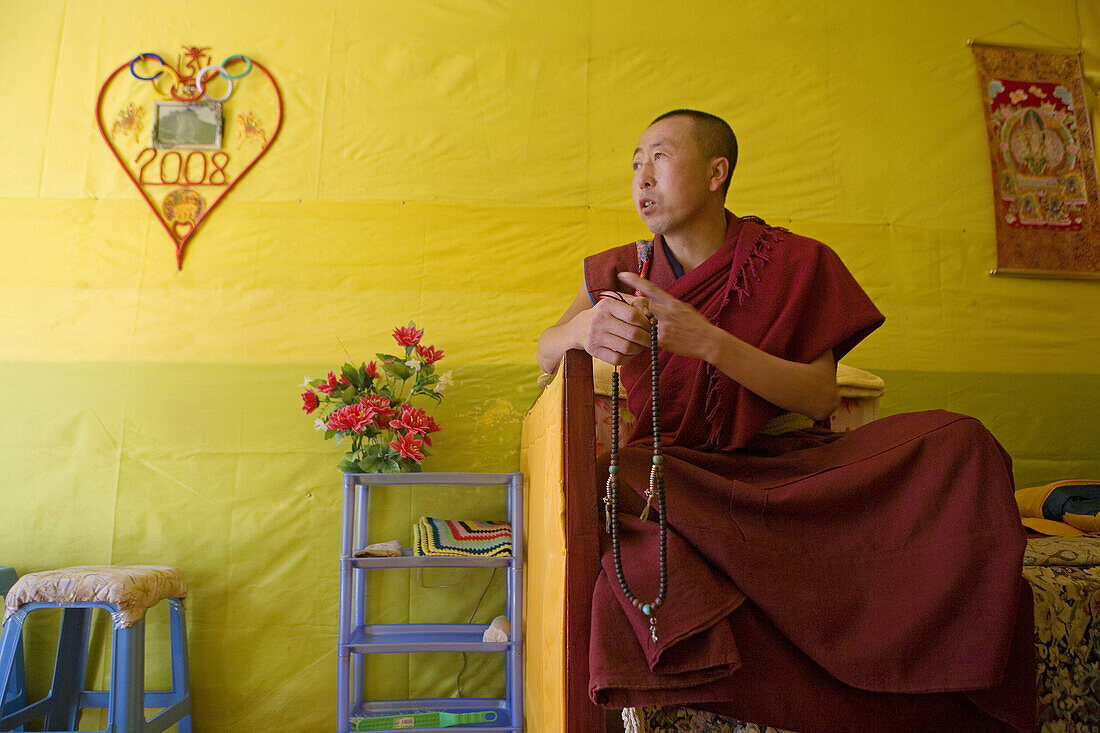 Monk in Pu Sa Ding lamasery, Wutai Shan. Shanxi province, China