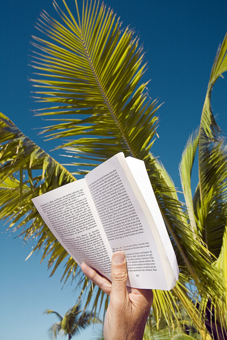 Reading a Capote novel on the beach. Tahiti island. French Polynesia