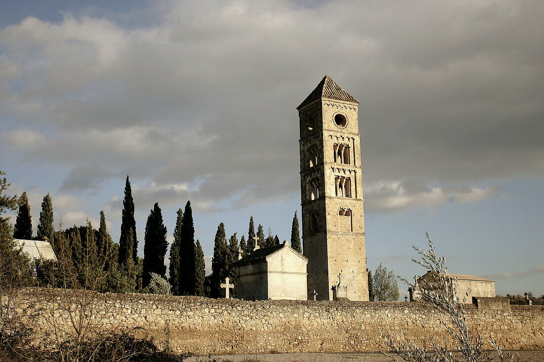  Architecture, Art, Arts, Bell tower, Bell towers, Cemeteries, Cemetery, Church, Churches, Color, Colour, Daytime, Europe, Exterior, France, Graveyard, Graveyards, Languedoc-Roussillon, Outdoor, Outdoors, Outside, Rural, Stone, Temple, Temples, Tower, Tow