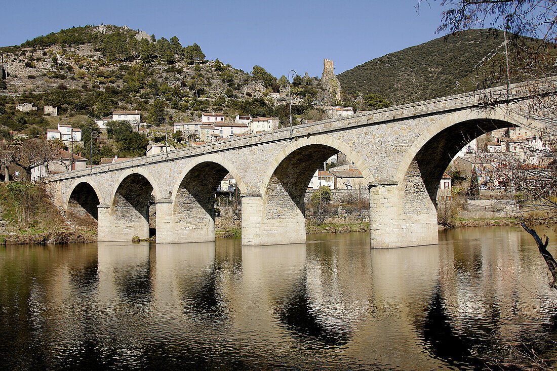  Architektur, Außen, Bogen, Bögen, Brücke, Brücken, Europa, Farbe, Fluss, Flüsse, Frankreich, Länder, Orb, Plätze der Welt, Reisen, Roquebrune, Stadt, Städte, Tageszeit, Wasser, B08-511166, agefotostock 