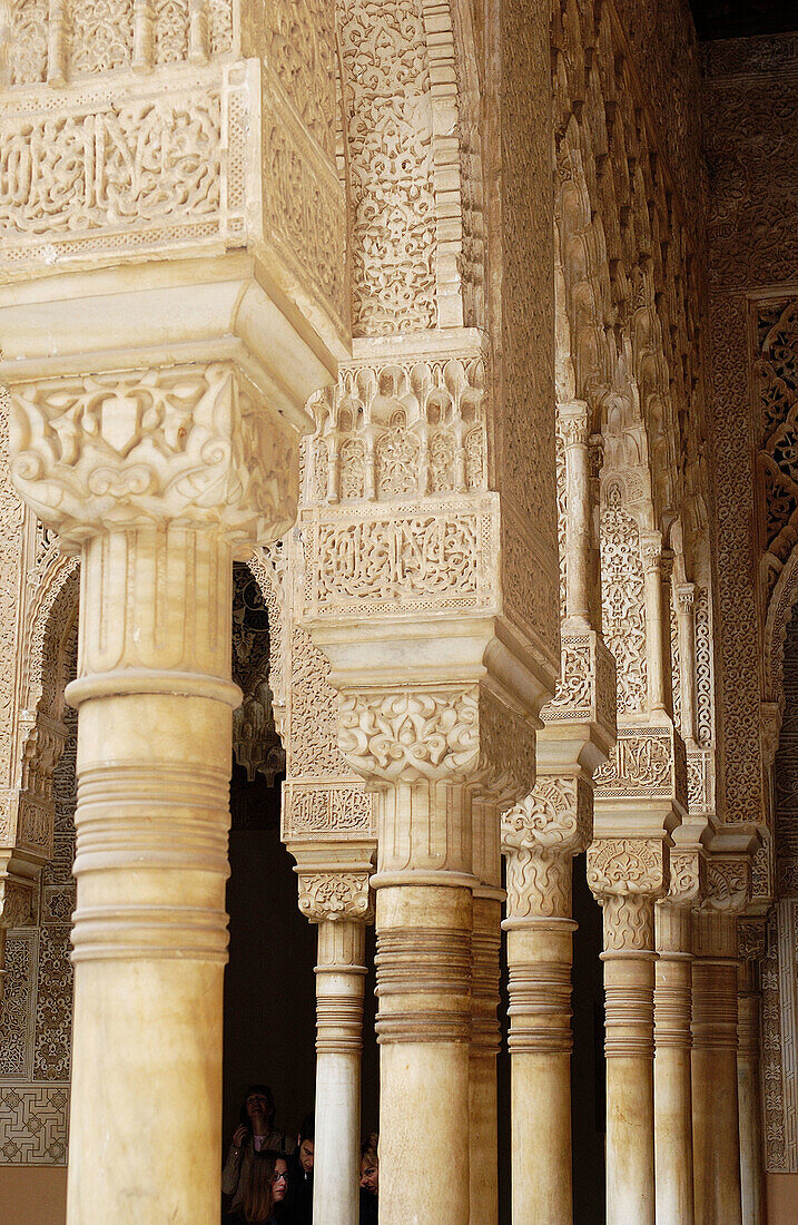 Detail der Säulen des Löwenhofs, Alhambra. Granada. Spanien